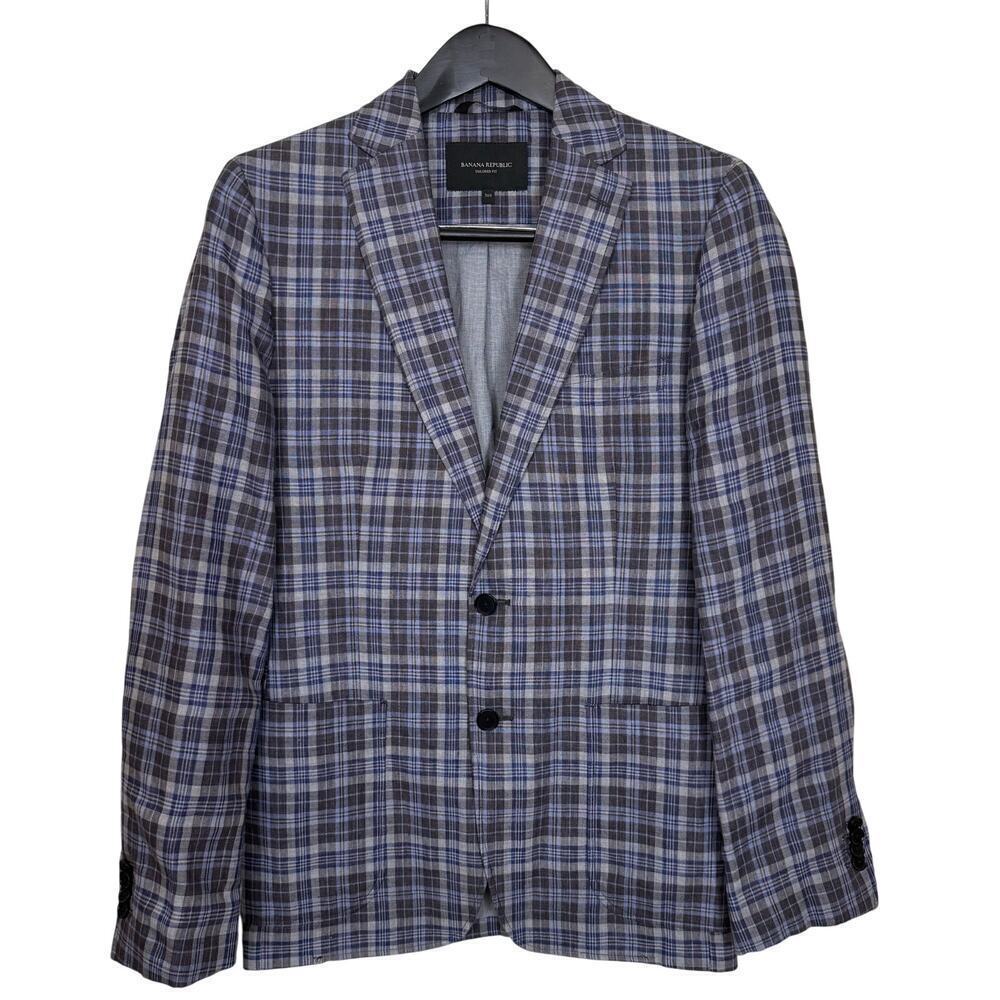 Banana Republic Linen Sport Coat Mens 36R Blue Brown Plaid Single Vented Blazer